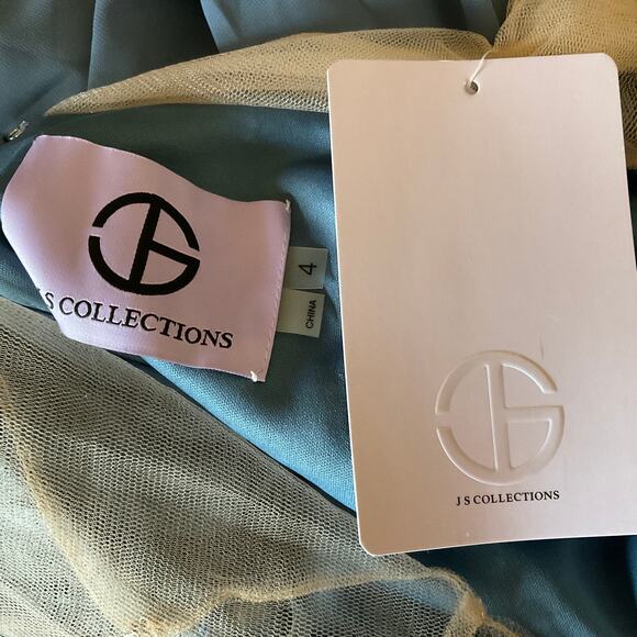 JS Collections Lace and Chiffon Evening Gown Blue Size 4 Short Sleeve Formal - Picture 9 of 13